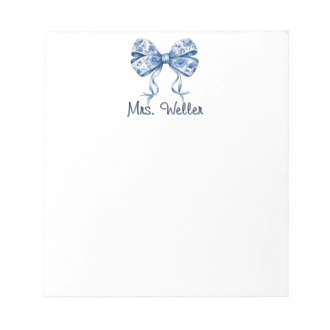 Custom Name Blue Floral Coquette Bow Design  Notepad (Front)