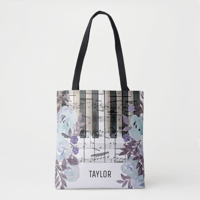 custom name blue flowers music notes piano tote bag (Front)