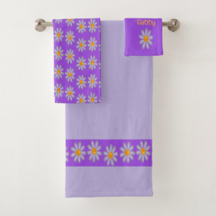 Custom name blue flowers on purple bath towel set