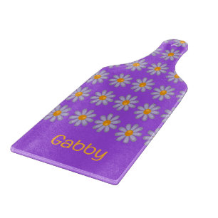 Custom name blue flowers on purple cutting board