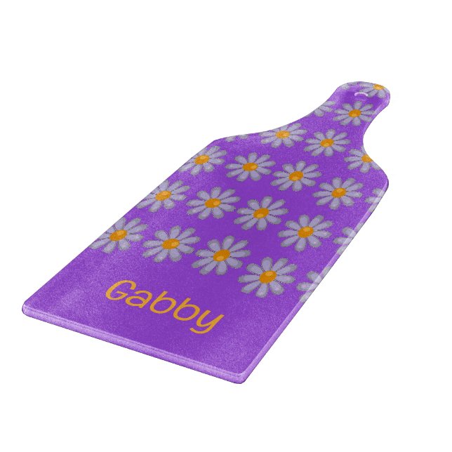 Custom name blue flowers on purple cutting board (Corner)