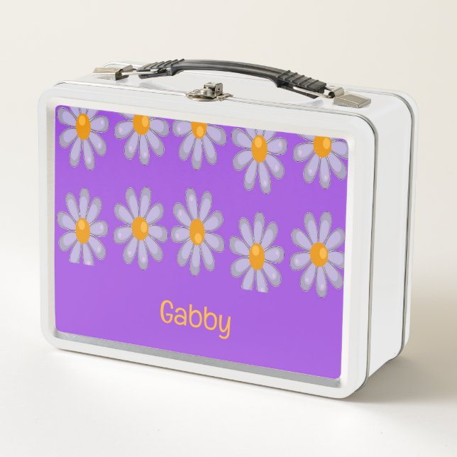 Custom name blue flowers on purple metal lunch box (Front)