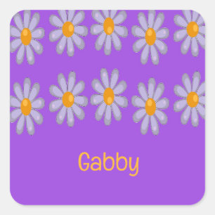 Custom name blue flowers on purple square sticker