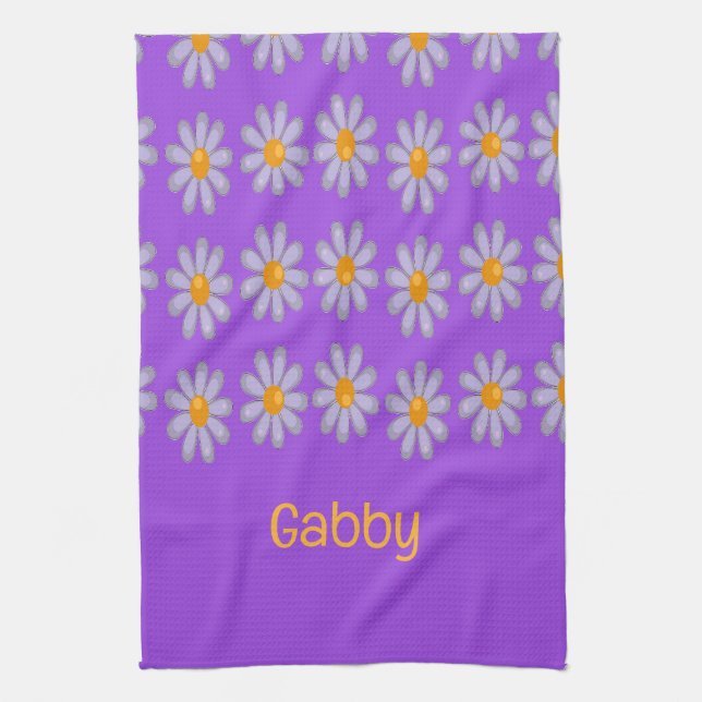 Custom name blue flowers on purple tea towel (Vertical)
