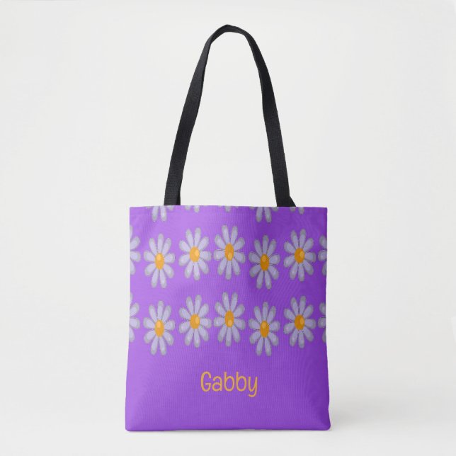 Custom name blue flowers on purple tote bag (Front)