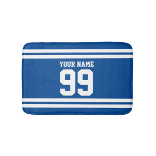 Custom name blue football jersey number striped bath mat