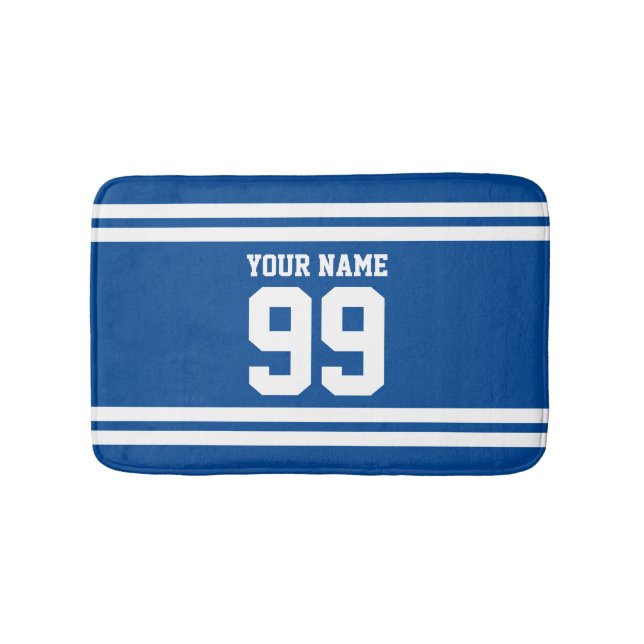 Custom name blue football jersey number striped bath mat (Front)