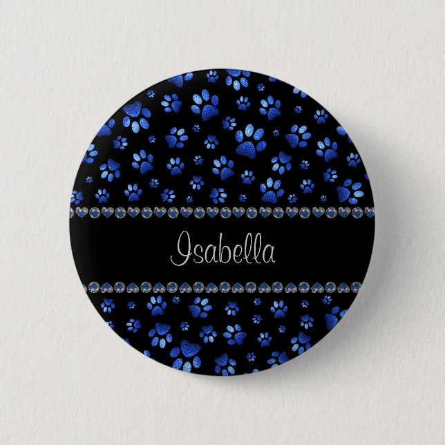 Custom name, blue glitter dog paws 6 cm round badge (Front)