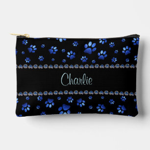 Custom name, blue glitter dog paws accessory pouch