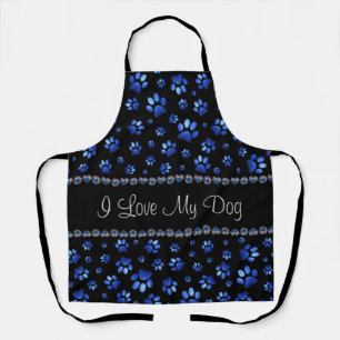 Custom name, blue glitter dog paws apron
