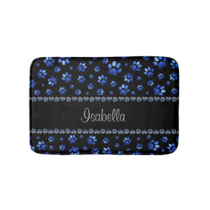 Custom name, blue glitter dog paws bath mat