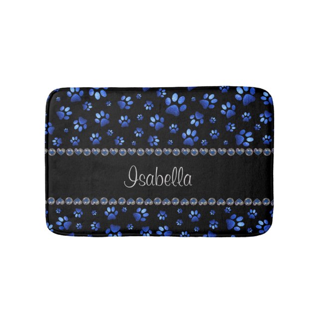 Custom name, blue glitter dog paws bath mat (Front)