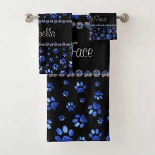 Custom name, blue glitter dog paws bath towel set