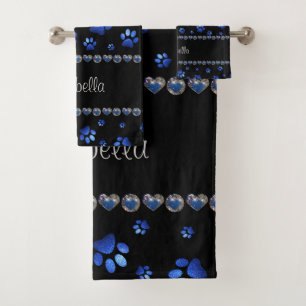 Custom name, blue glitter dog paws bath towel set