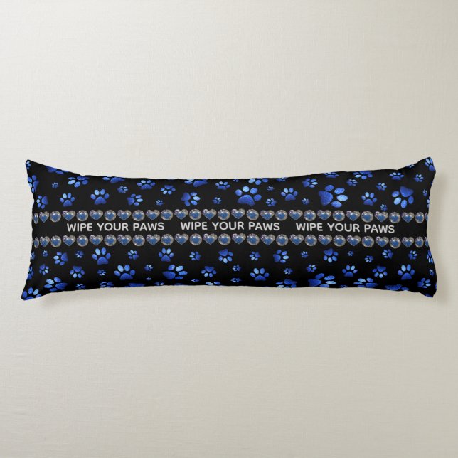 Custom name, blue glitter dog paws body cushion (Front)