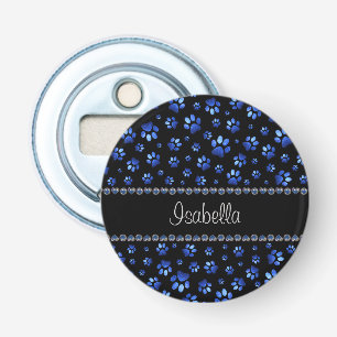 Custom name, blue glitter dog paws bottle opener