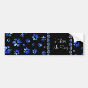 Custom name, blue glitter dog paws bumper sticker
