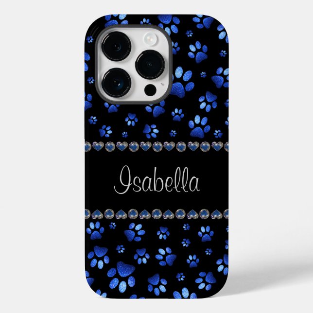 Custom name, blue glitter dog paws Case-Mate iPhone case (Back)