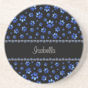 Custom name, blue glitter dog paws coaster