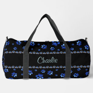 Custom name, blue glitter dog paws duffle bag