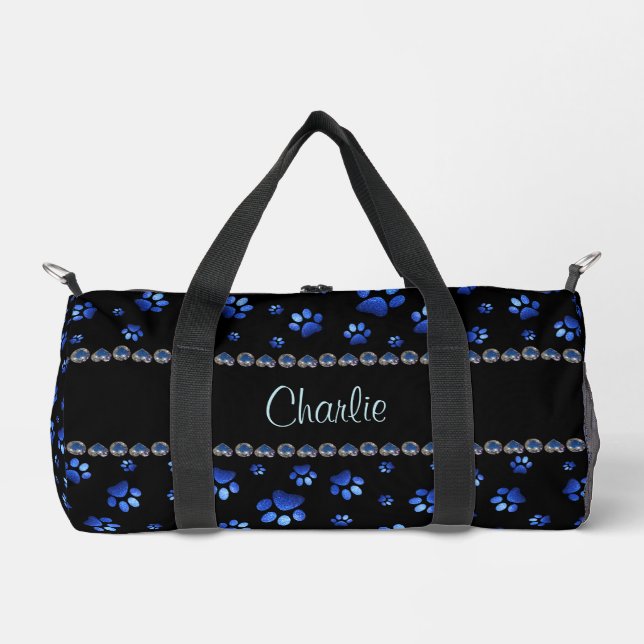 Custom name, blue glitter dog paws duffle bag (Front)