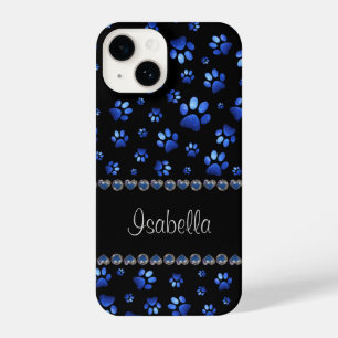 Custom name, blue glitter dog paws iPhone 14 case
