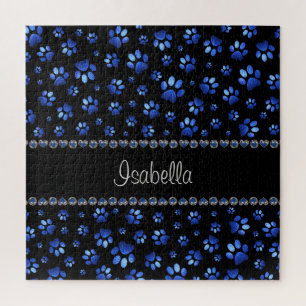 Custom name, blue glitter dog paws jigsaw puzzle