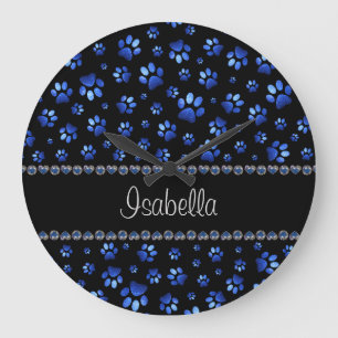 Custom name, blue glitter dog paws large clock