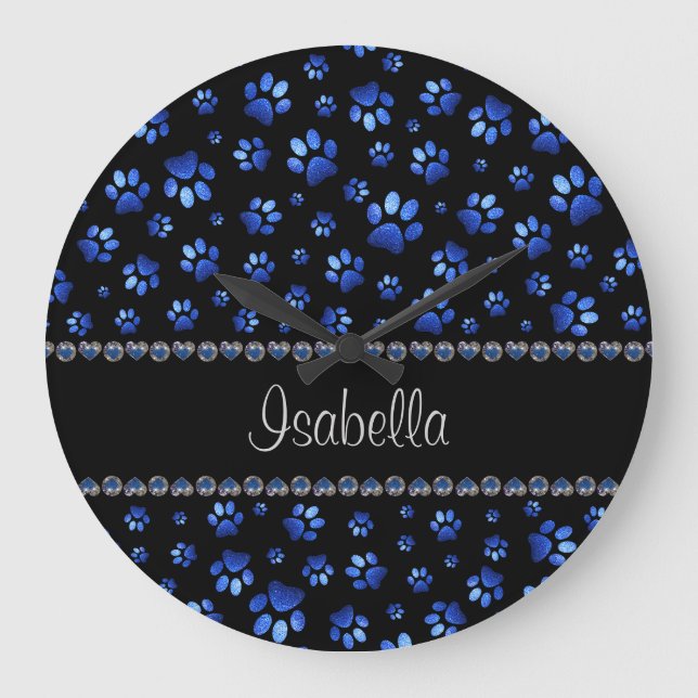 Custom name, blue glitter dog paws large clock (Front)