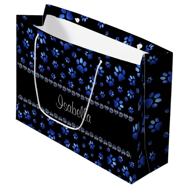 Custom name, blue glitter dog paws large gift bag (Front Angled)