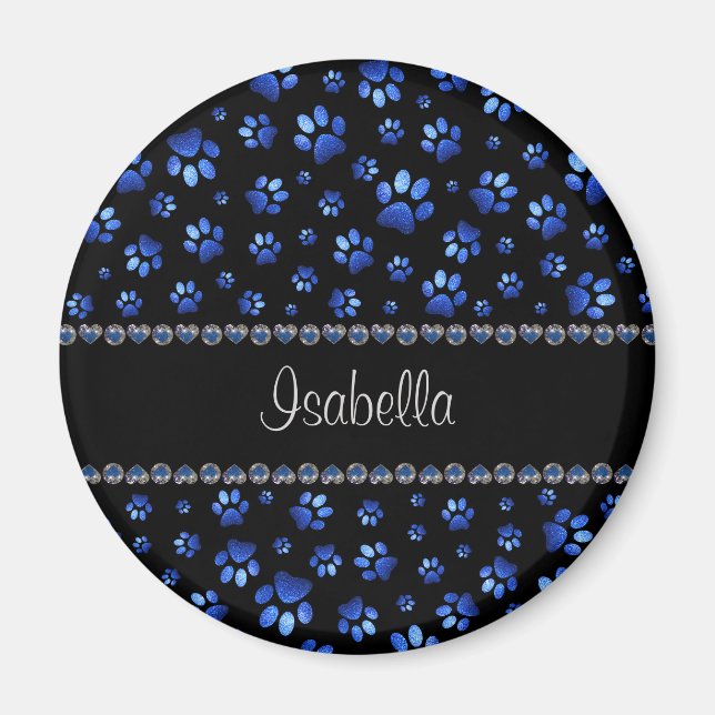 Custom name, blue glitter dog paws magnet (Front)
