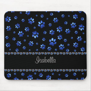 Custom name, blue glitter dog paws mouse mat