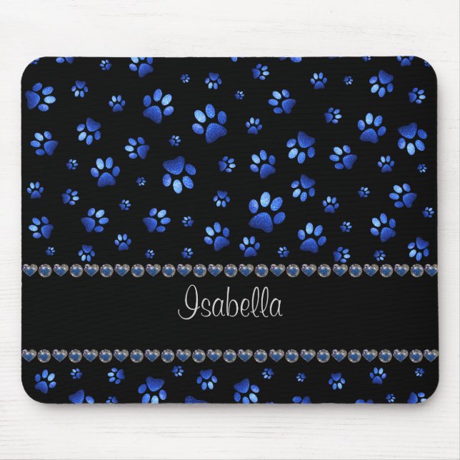 Custom name, blue glitter dog paws  mouse mat (Front)