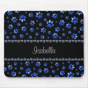 Custom name, blue glitter dog paws mouse mat