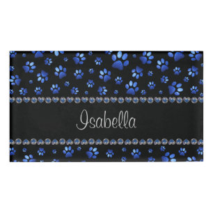 Custom name, blue glitter dog paws name tag