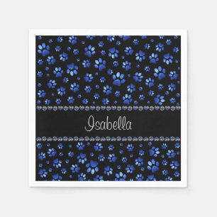 Custom name, blue glitter dog paws napkin