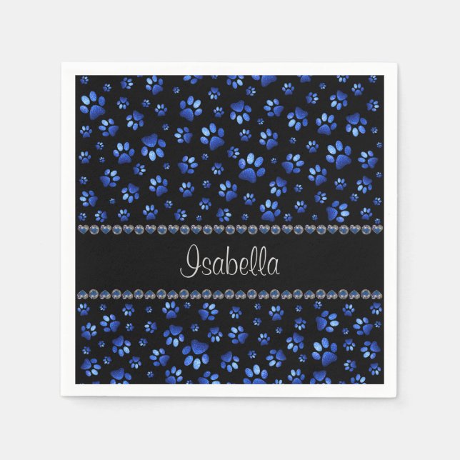 Custom name, blue glitter dog paws napkin (Front)