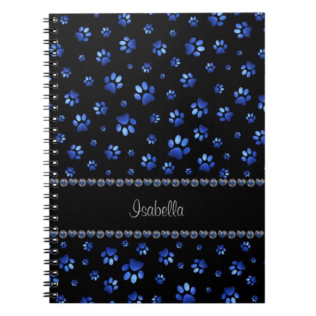 Custom name, blue glitter dog paws  notebook (Front)