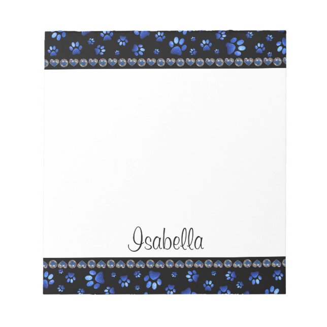 Custom name, blue glitter dog paws notepad (Front)