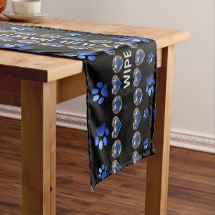 Custom name, blue glitter dog paws on black short table runner