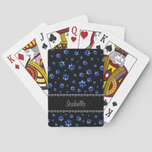 Custom name, blue glitter dog paws playing cards