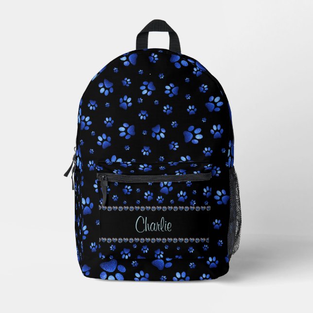 Custom name, blue glitter dog paws printed backpack (Front)