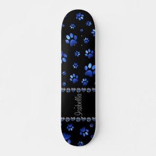 Custom name, blue glitter dog paws skateboard