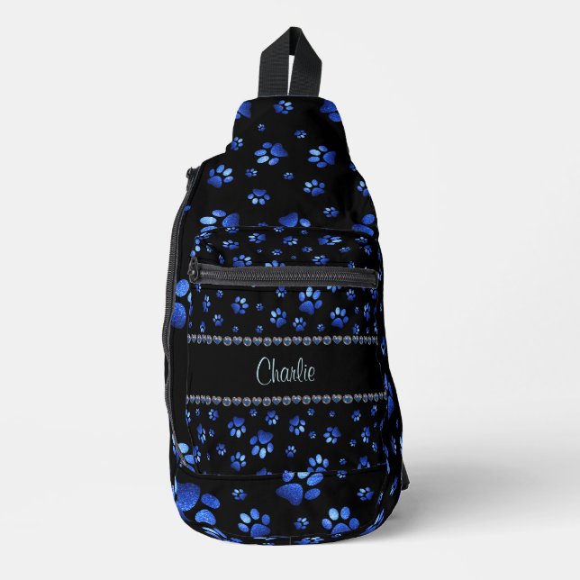 Custom name, blue glitter dog paws sling bag (Front)