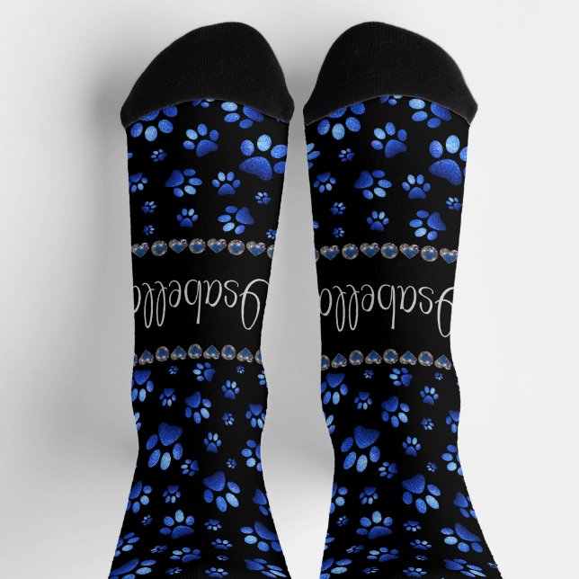 Custom name, blue glitter dog paws socks (Top)