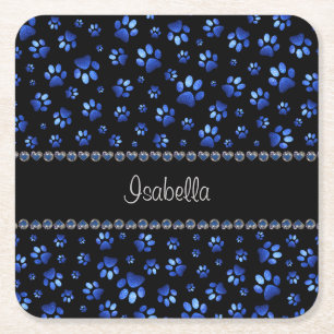 Custom name, blue glitter dog paws square paper coaster