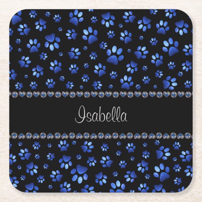 Custom name, blue glitter dog paws square paper coaster (Front)