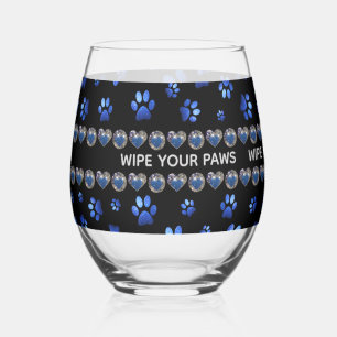 Custom name, blue glitter dog paws stemless wine glass