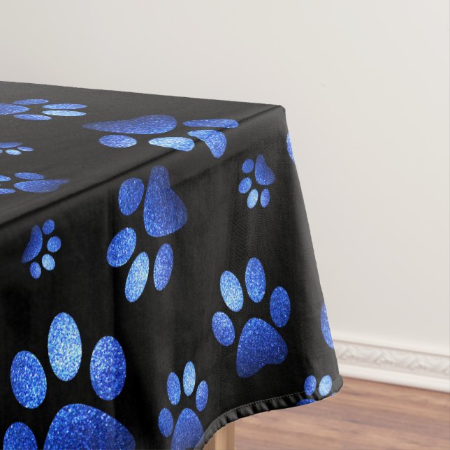 Custom name, blue glitter dog paws tablecloth (In Situ)