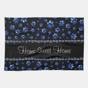 Custom name, blue glitter dog paws tea towel